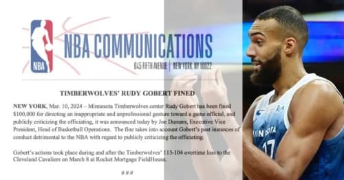 NBA Hits Timberwolves’ Rudy Gobert with $100K Fine for Referee Gesture